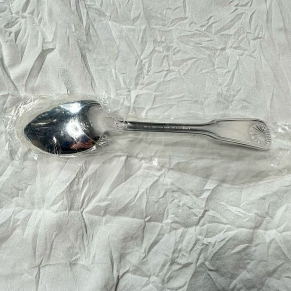 Vtg Olde Chelsea Pattern Silverplated 6 Dinner Spoons + Round Spoon in Plastic - Picture 14 of 15